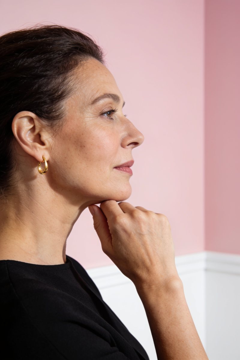 A thoughtful woman in profile, taking a moment to consider