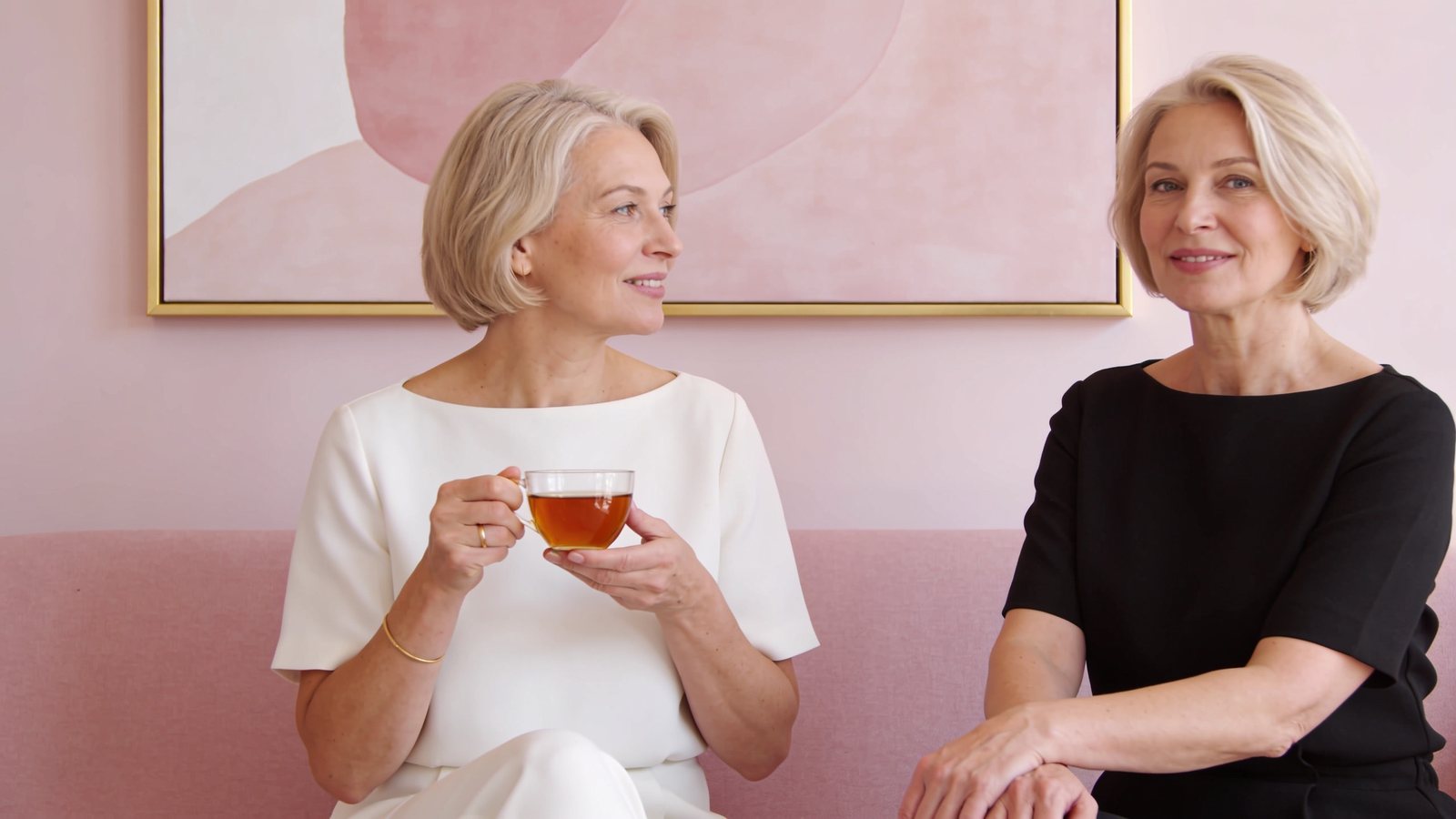 Two women in a warm, unhurried conversation over tea