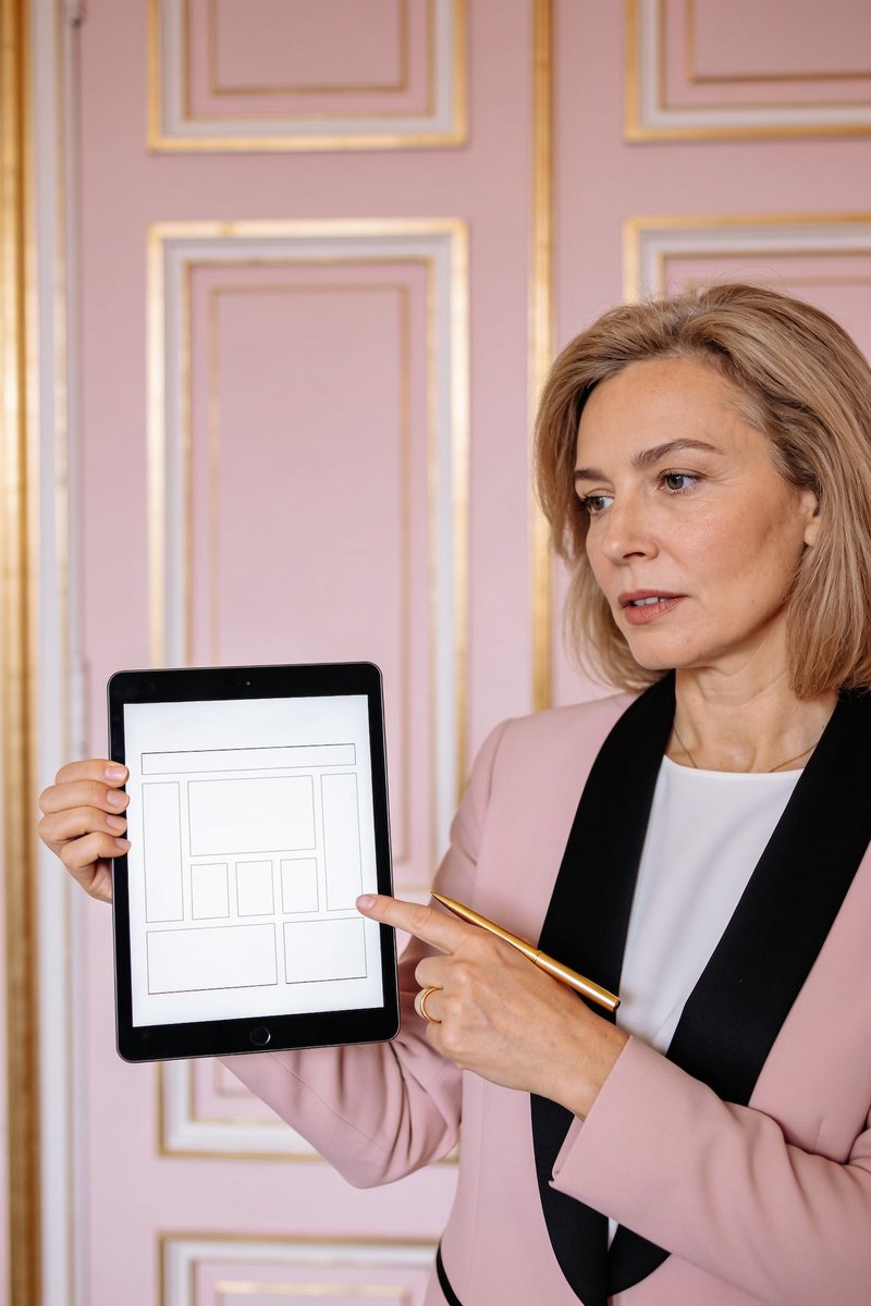 A consultant calmly guiding a client through her options