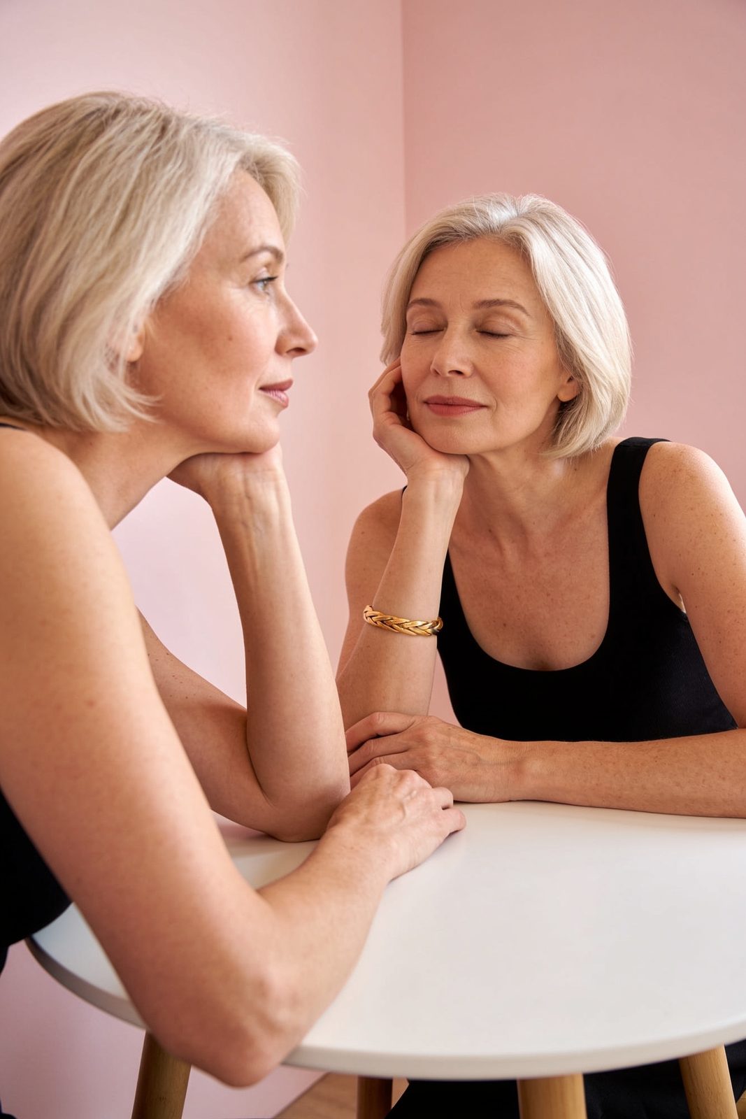 Two women in close conversation, one listening intently
